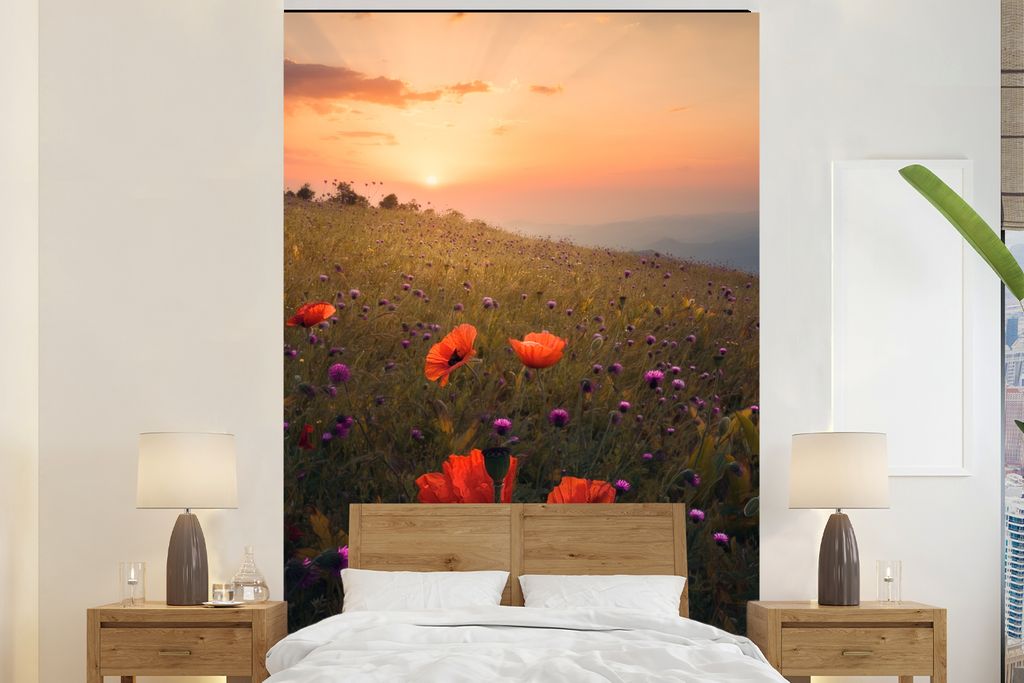 MuchoWow Fototapete für Wohnzimmer oder Schlafzimmer Wandtapete Vinyl Motivtapete Blumenfeld - Gras - Pflanzen - Sonnenuntergang - Orange - 160x...