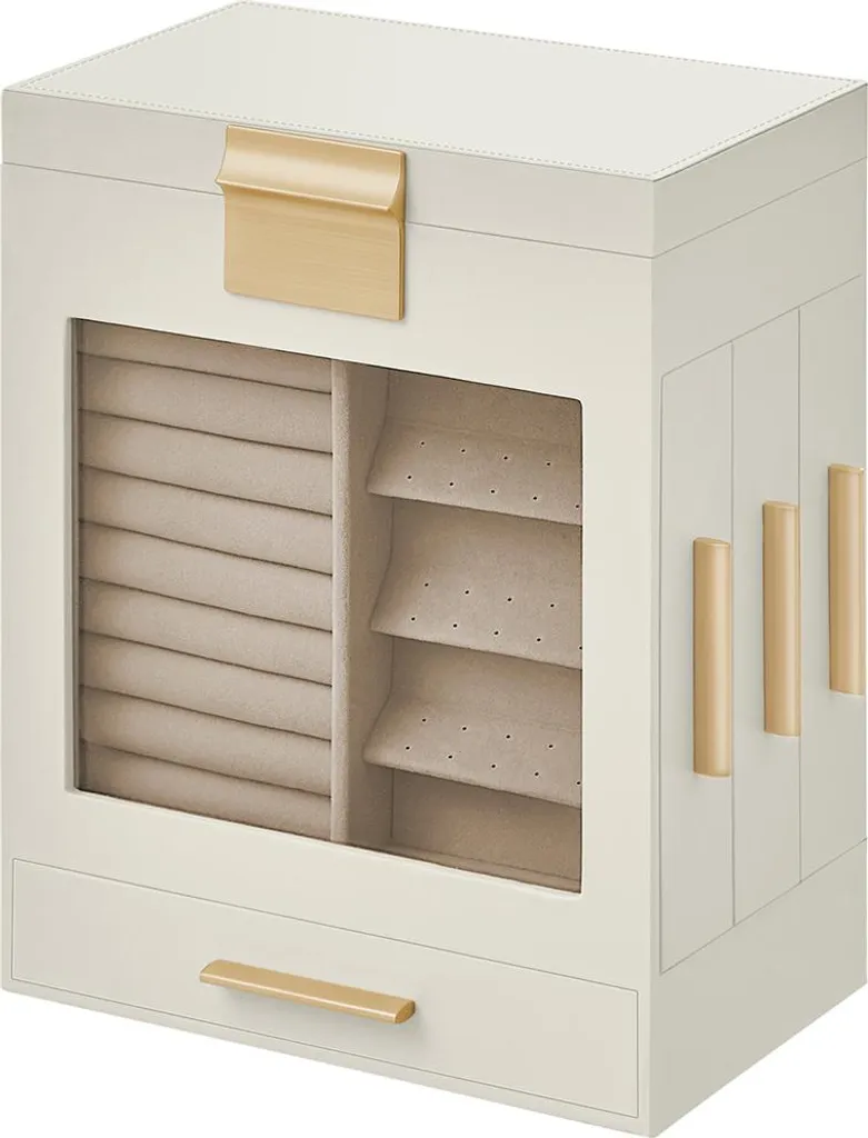 Coffret à bijoux à 5 niveaux blanc nuage et or avec grand miroir intégré