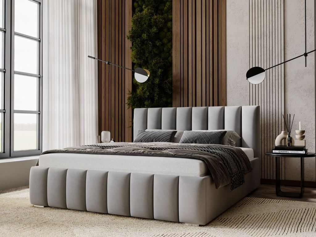 GrainGold Polsterbett Neos 140x200 cm - Bett 140x200, Polsterbett mit Bettkasten & Lattenrost - Grau (Amor Velvet 4318)