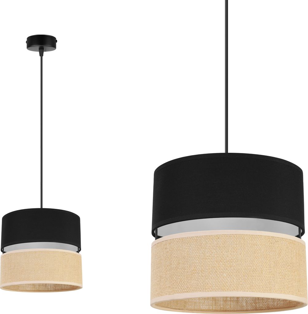 Light-Home Juta Hängelampe - Metall mit Lampenschirm aus Stoff - E27 - Klassisch 1-Flammig 20 cm - Schwarz Basis und Jute und Schwarz