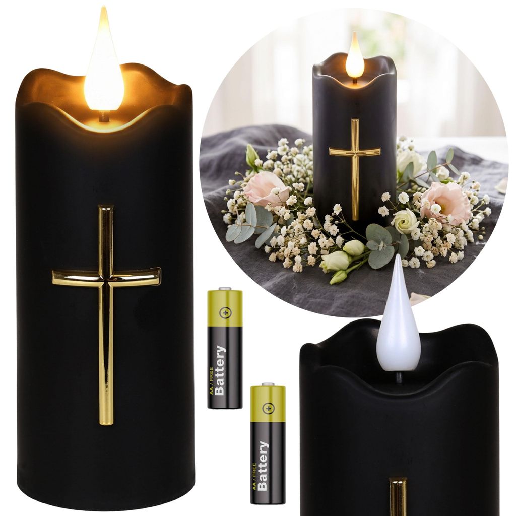 Schwarze LED-Kerze mit Kreuz und Flammeneffekt, Produktbild 