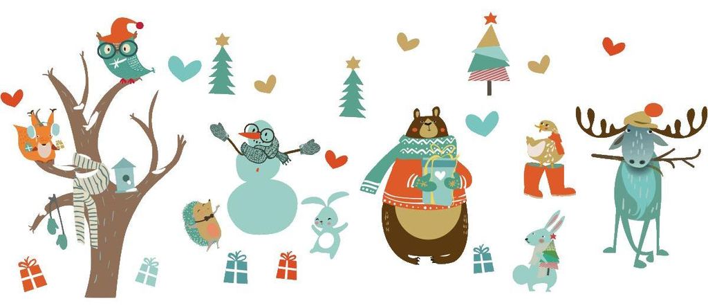 Weihnachtsaufkleber mit Tieren und dem verzauberten Baum – Selbstklebende Weihnachtsaufkleber – Festtagsdekoration – 80 x 120 cm