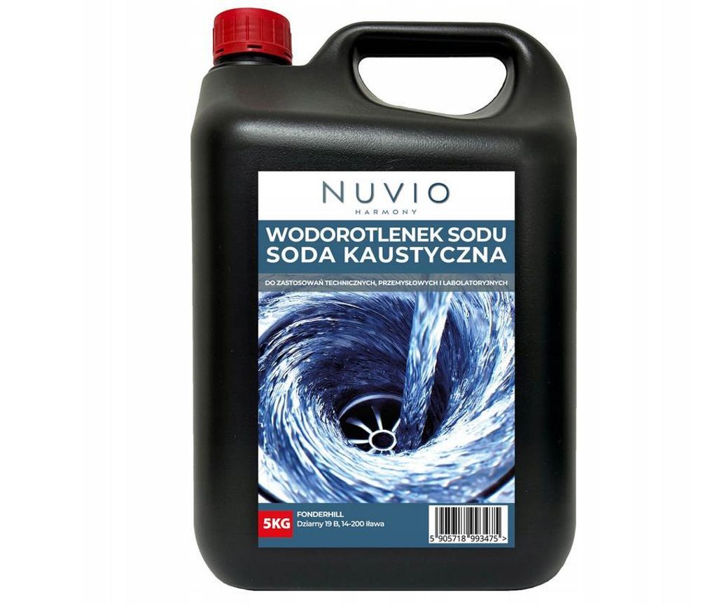A black plastic jug of chemical cleaner with a label showing a swirling drain.