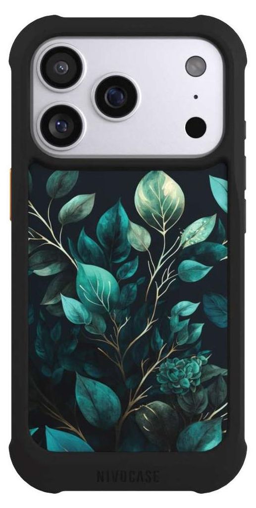 NIVOCASE Hülle für Apple iPhone 17 Pro Stoßfeste Handyhülle NIVOmax Case Schwarz Blätter schwarz Eukalyptus