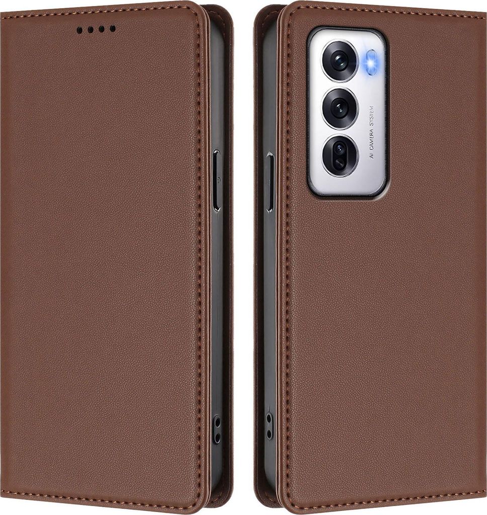 Handyhülle für Oppo Reno12 5G, Kunstleder Klapphülle Stoßfeste Magnetische Hülle mit Ständer Braun
