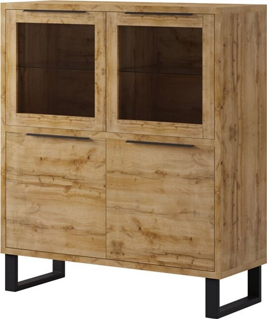 Furniture24 Vitrine Halle 42 Wohnzimmerschrank, Highboard, Standvitrine, Schrank, Vitrinenschrank mit 4 Türen in Wotan Eiche Nachbildung