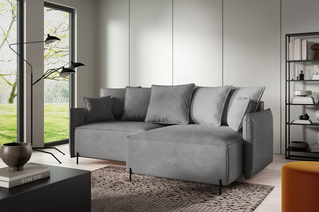 3 Sitzer Ecksofa in L-Form ANTONIO MINI BALI, Ottomane rechts/links, Schlaffunktion & Bettkästen, Eckarniutur, Couch in Bouclé-Optic Grau