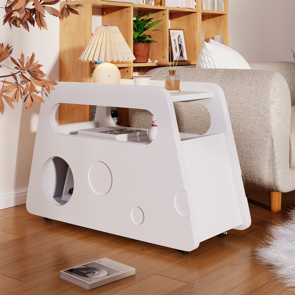 STILVORA Couchtisch Beistelltisch weißer Sideboard mit Rollen– Mobil,platzsparende Design, für Wohnzimmer/Schlafzimmer,Abgerundete Ecken,weiß