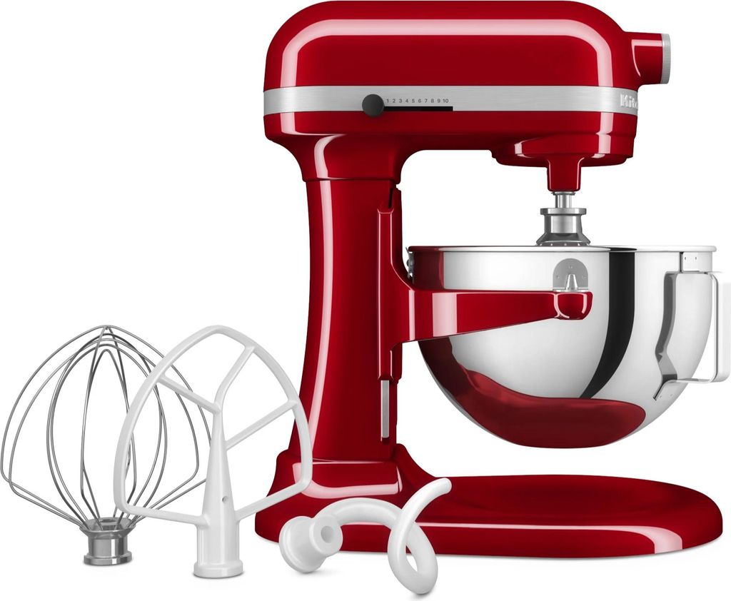 A red KitchenAid stand mixer with its attachments.