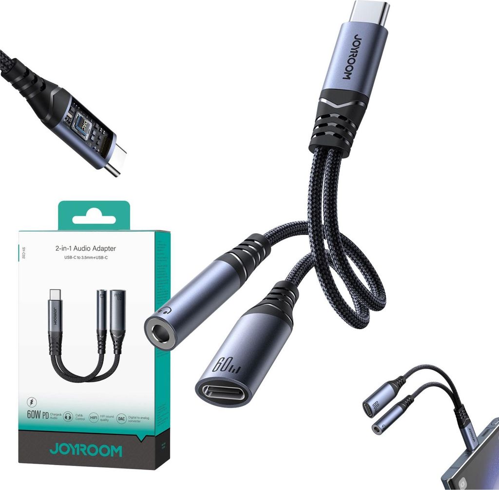 Joyroom Adapter audio USB-C do 3,5 mm AUX i USB-C - czarny Zdjęcie produktu 