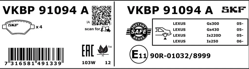 Jeu plaquettes de frein arrière pour disque SKF VKBP 91094 A qualité pro