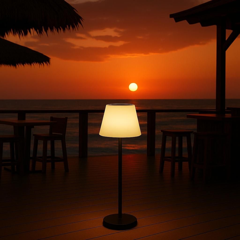 A solar-powered floor lamp is illuminated on a wooden deck at sunset, with the ocean and a bar in the background.
