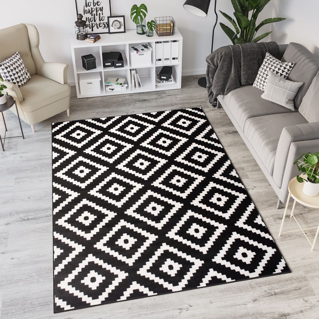 Teppich in Grau Modern Gitter Muster für Wohnzimmer Schlafzimmer Kurzflor 