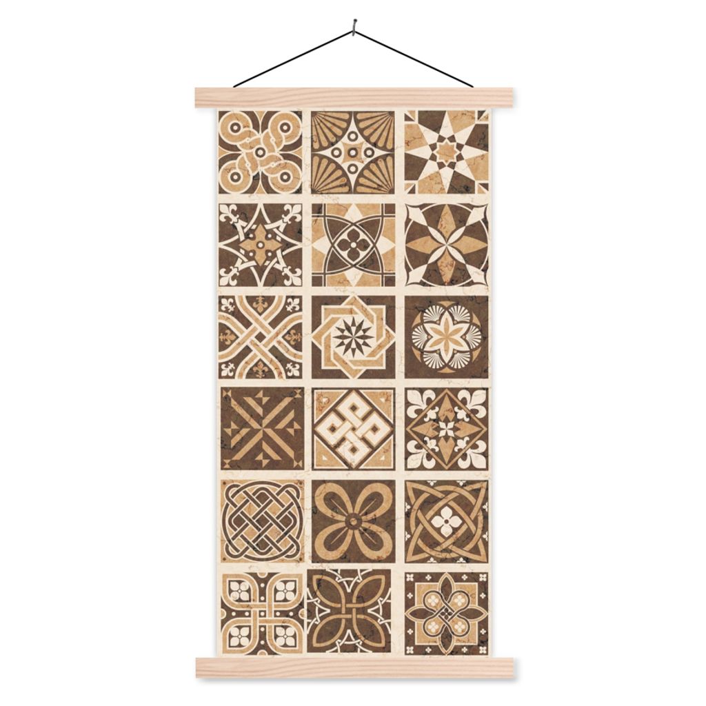 MuchoWow Textilposter Design - Blumen - Braun - Natur - Vintage 40x80 cm mit holzfarbenen Rahmen - Wohnzimmer