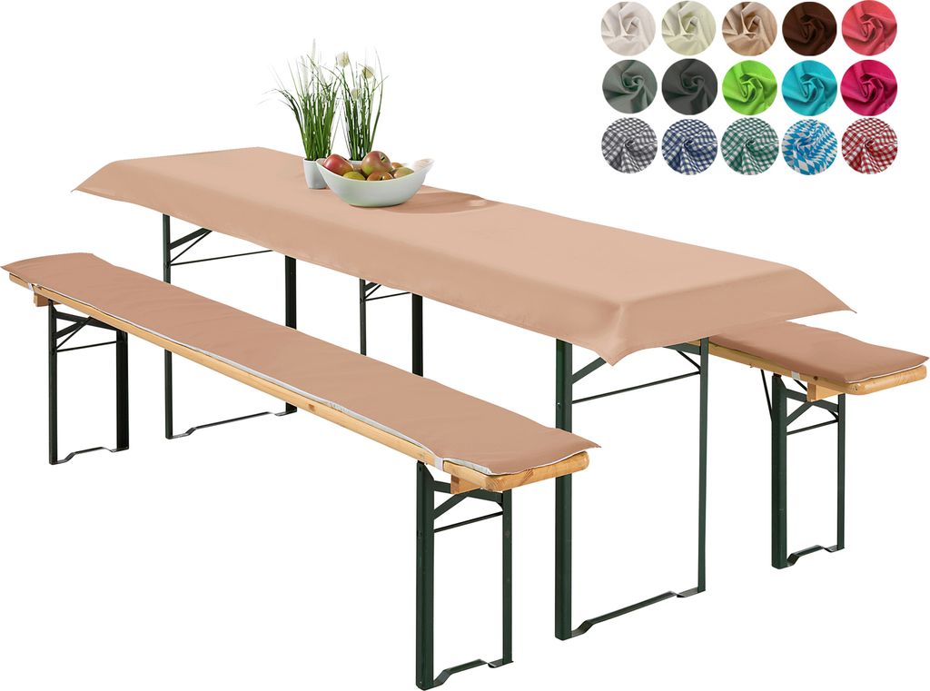 heimtexland Bierzeltgarnitur Auflagen Set 3-teilig Tischdecke Bierbank Polster Sitzkissen Tischdeko Typ698 Beige für Tischmaß 70x220 cm