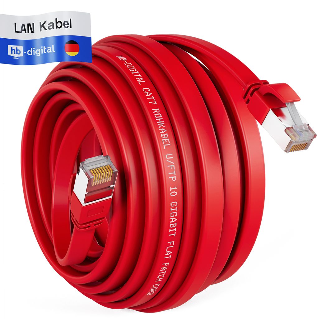 hb-digital Patch Kabel 15m LAN Kabel Cat7 Netzwerk Kabel cat 7 flach RJ45 Kupfer bis zu 10 Gbit/s U/FTP PVC rot
