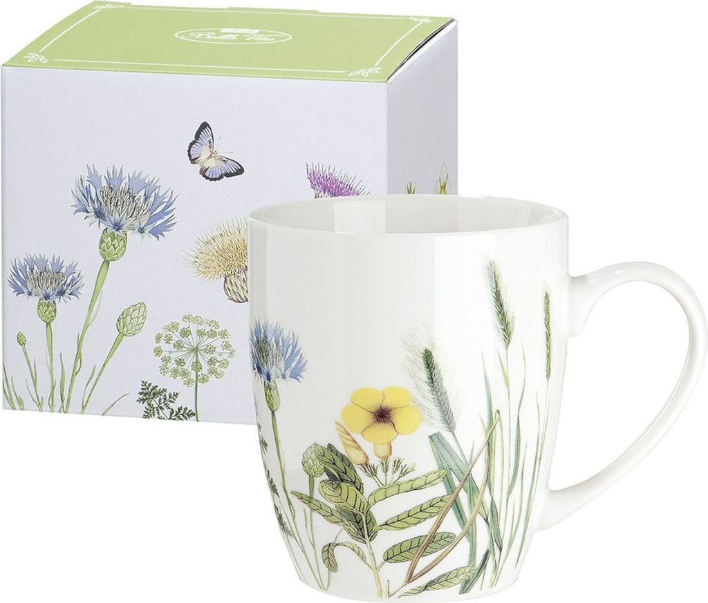 Gilde Tasse / Becher, "Wild Flowers", Schmetterlingmotiv, Blumenmuster, Porzellan, weiß, L. 9 cm, B. 13 cm, H. 10 cm