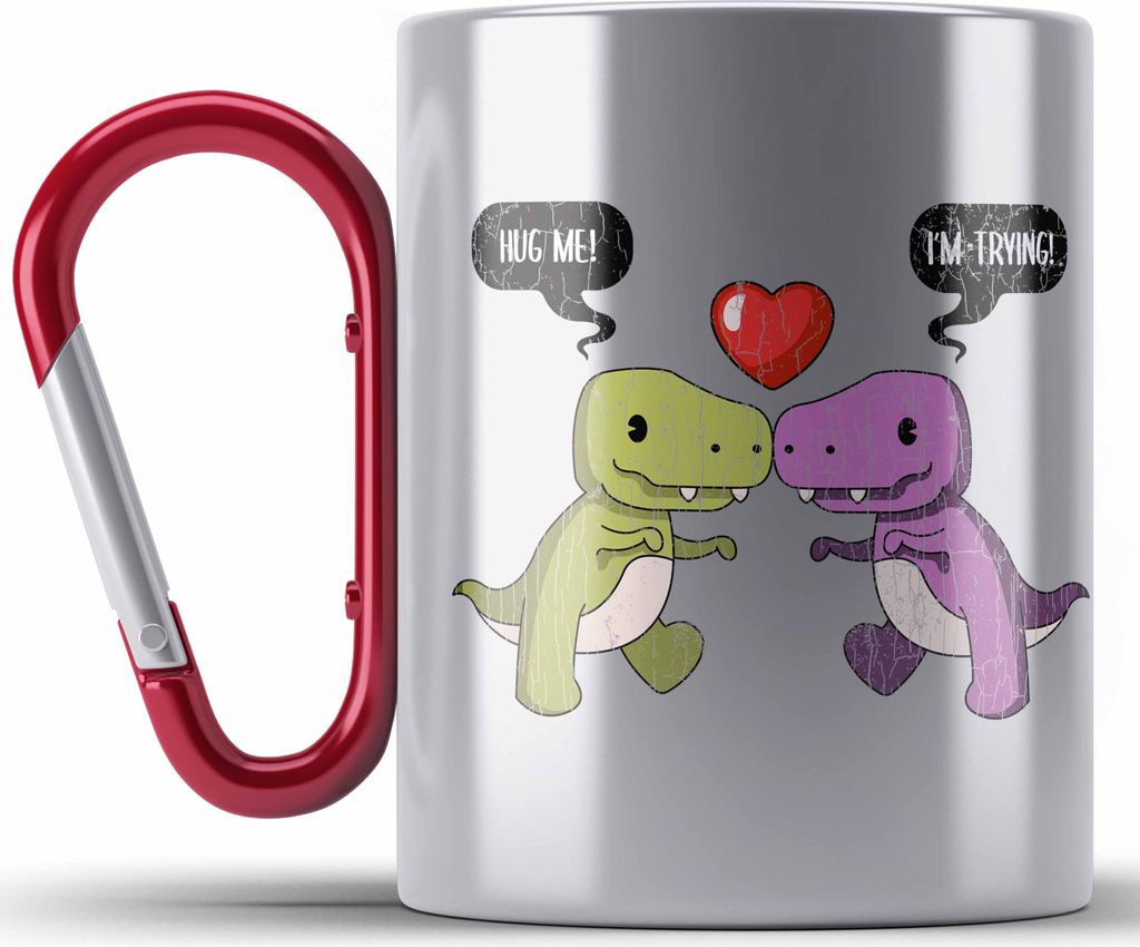 Trendation - Valentinstag Edelstahl Tasse Karabiner Geschenk für Ihn Sie Lustig Dinosaurier Geschenkidee Becher Freund Freundin Liebe Paare (Rot)