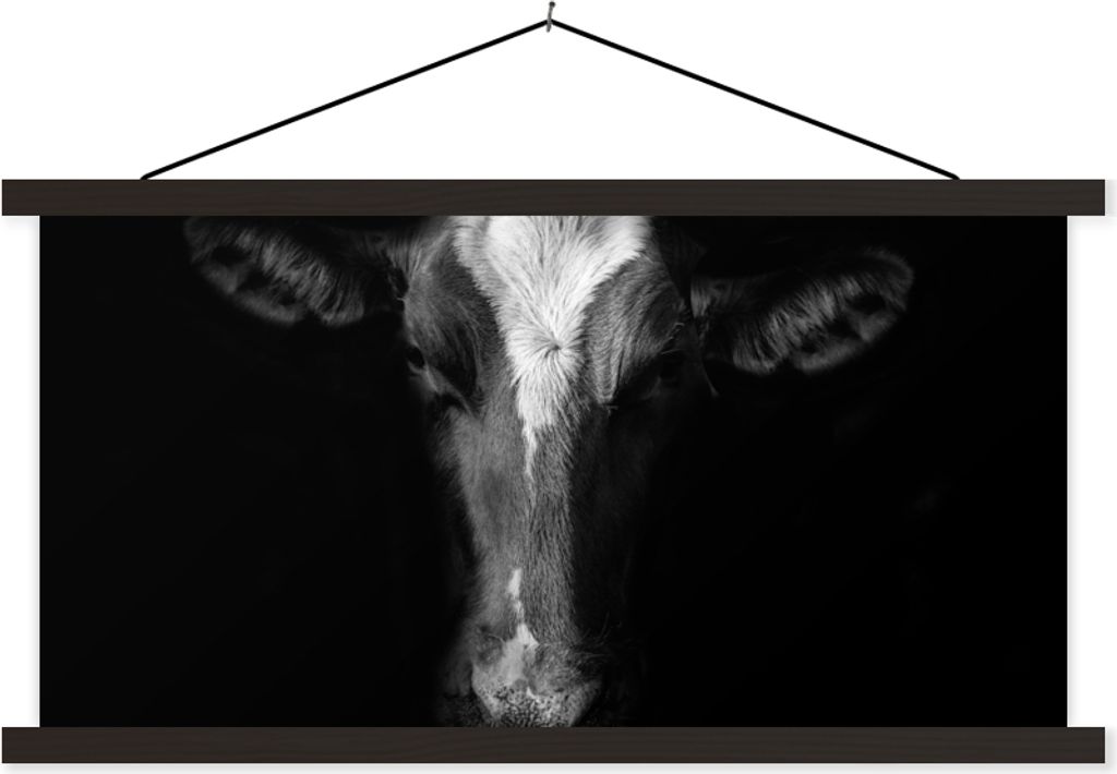 MuchoWow Textilposter Kuh - Tiere - Schwarz 120x60 cm mit schwarzem Rahmen - Dekoration Schlafzimmer