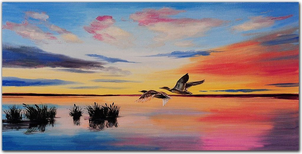 Coloray Bild aus Acryl 140 cm x 70 cm - Wanddekoration Wohnzimmer Bild auf Acrylglas Gehärtetes Acryl Dekoration Küche - Lake Sonnenuntergang Vögel
