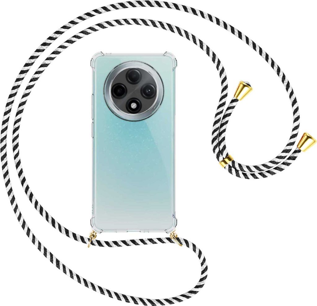 Handykette Backcover-Schutzhülle mit Band (Metall goldfarben) für Oppo A3 Pro 5G - schwarz/weiß gestreift