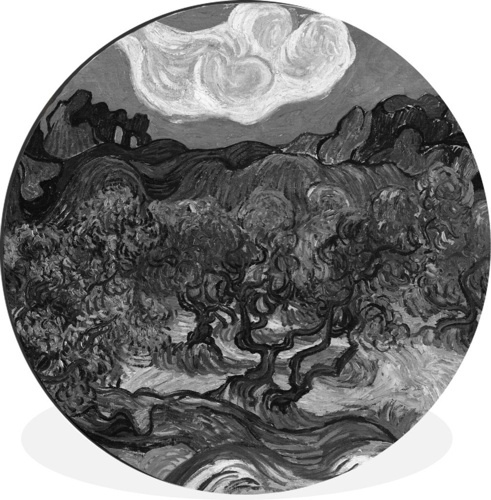 MuchoWow Aluminium Wandkreis Olivenbäume - Vincent van Gogh - Schwarz - Weiß Ø 90 cm Wanddeko Modern Wohnzimmer - Mauerkreis - Wandbilder - Ru...