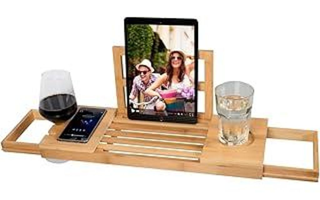 Verstellbares Badewanneablage - Badewannebrett 50-92 x 18 x 4 cm - Badewanneauflage aus Bambus mit Buchstütze und Tablet-Halter - Inkl. Becherhalt...
