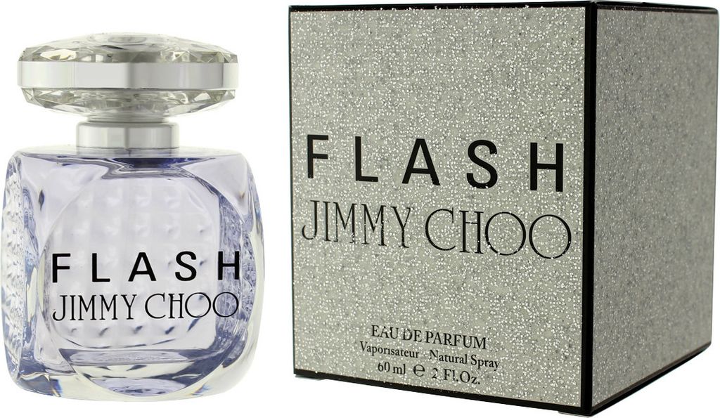 A bottle of Jimmy Choo Flash perfume and its packaging are displayed side-by-side against a white background.