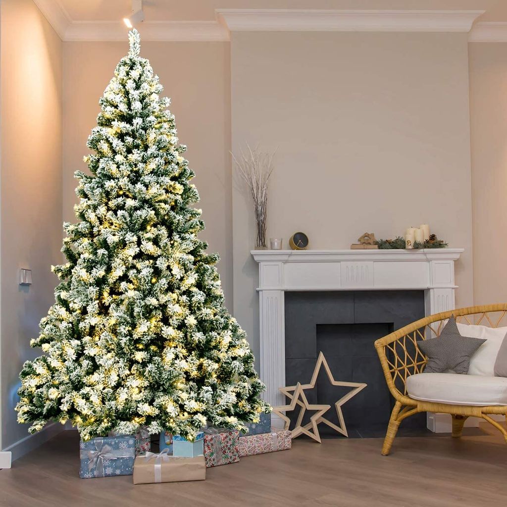 GOPLUS 228cm Beleuchtet Weihnachtsbaum, künstlicher Christbaum mit 550 LED-Lichtern warmweiß, 1346 Zweigen und Metallrahmen