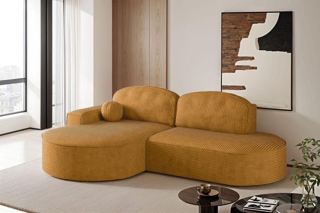 Kaiser Möbel Ecksofa mit Schlaffunktion und Bettkasten Modena Runden stoff Poso Senffarbe Links