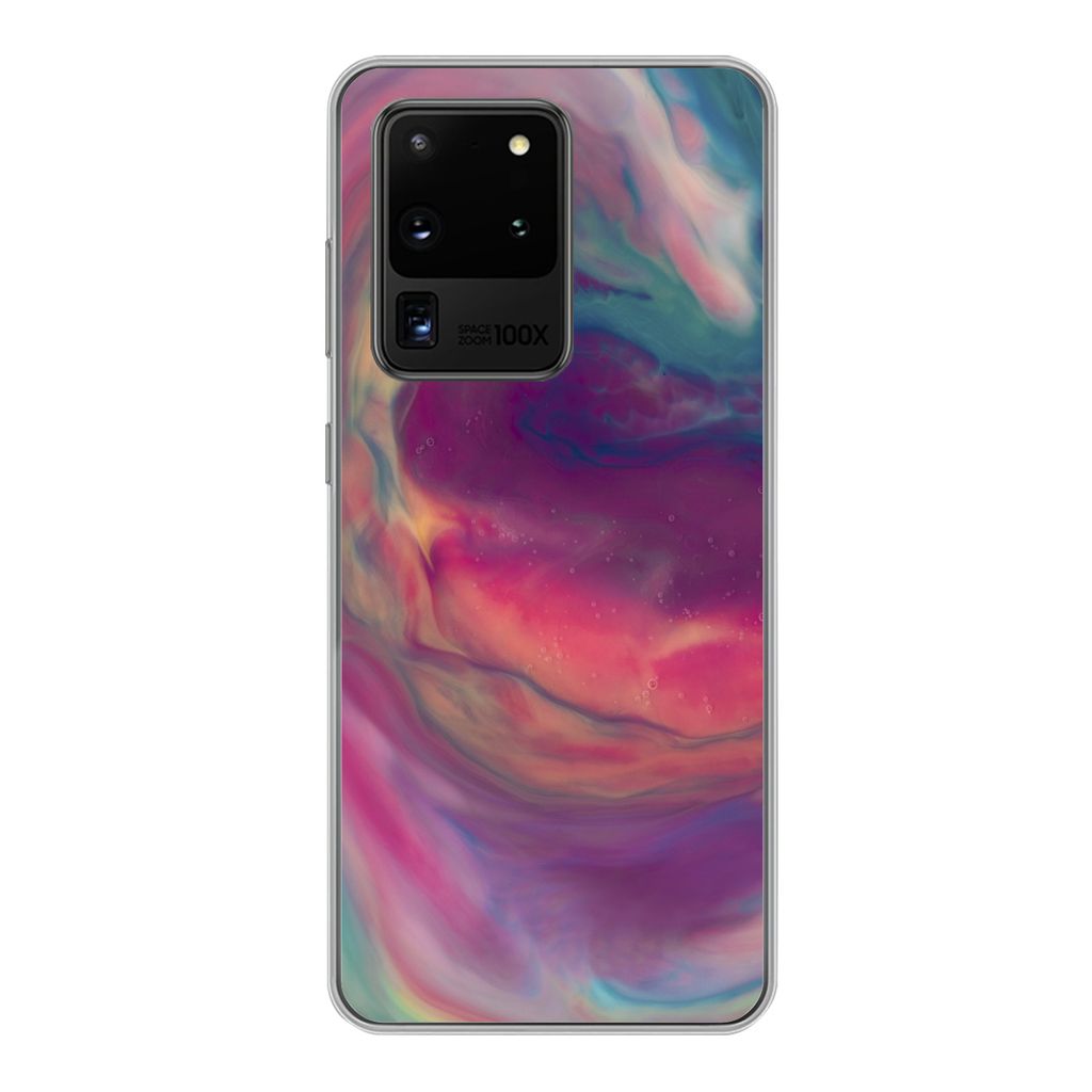MuchoWow Handyhülle Schutzhülle Hülle für Samsung Galaxy S20 Ultra Flüssig - Rosa - Türkis - Abstrakt Silikon Softcase Handy Hülle - Karte...