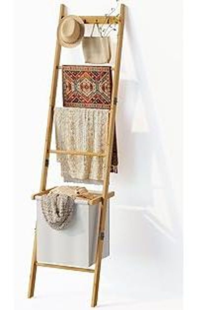 BAMBANG Deckenleiter mit Korb, 5-stufige Decken- und Steppdeckenhalterung Leiter Handtuchhalter mit 4 Haken für Wohnzimmer, dekorative Regalleiter...