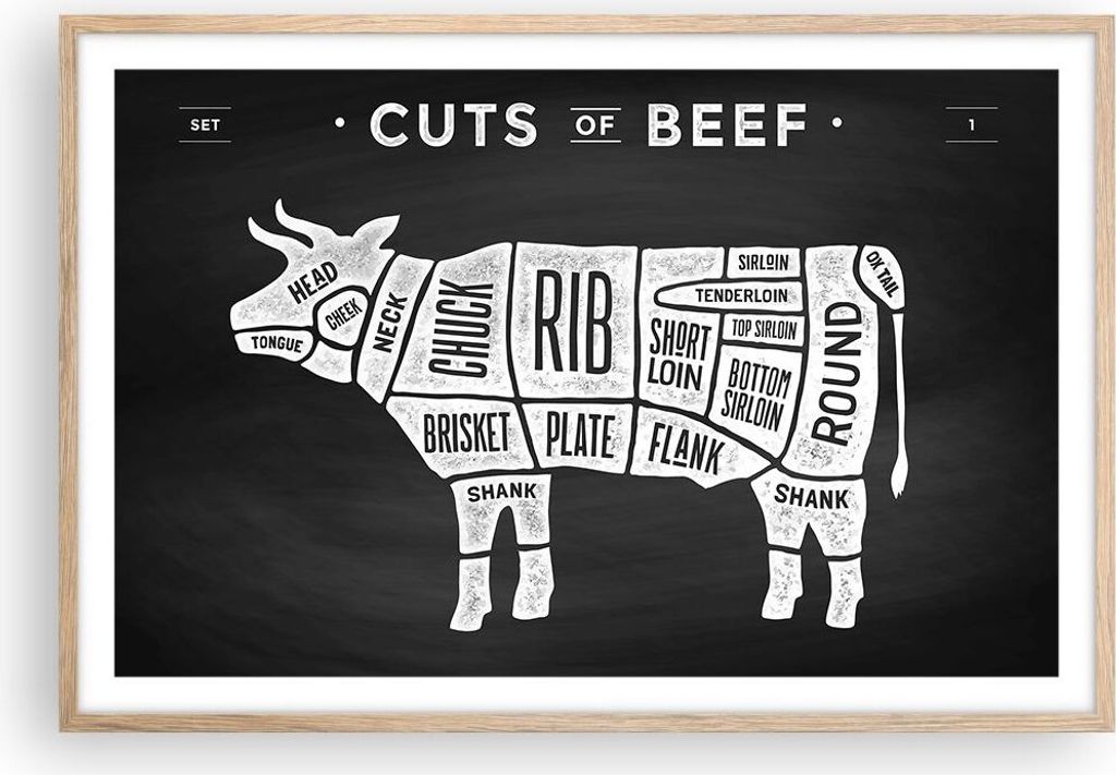 Gerahmtes Poster - Rahmen in heller Eiche - Kuh Rindfleisch Kochen Grafik - 91,5x61 cm - Wand Bild - Wanddeko - Wandbilder - Wandposter - Bilderrah...