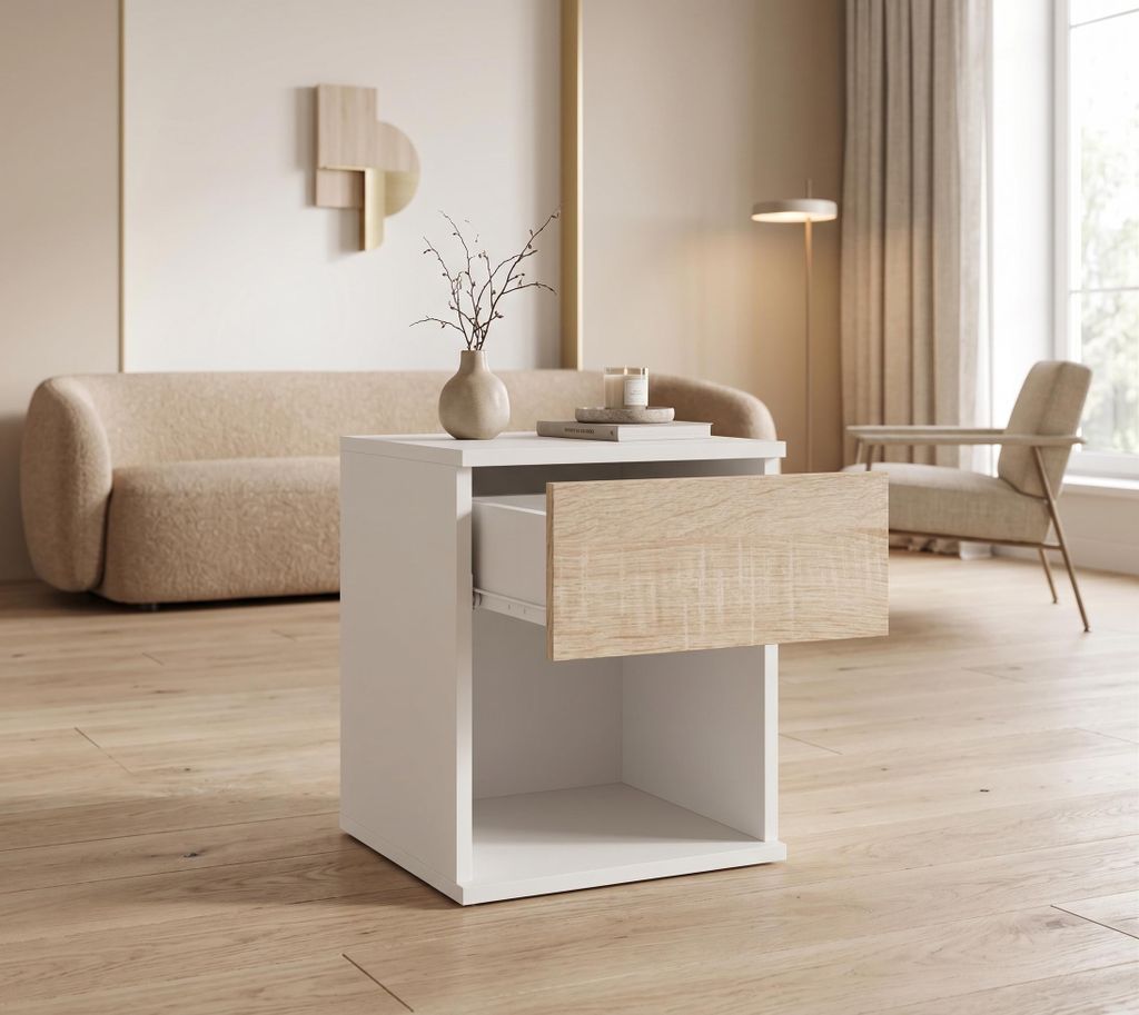 Table de chevet blanche / chêne Sonoma au style loft | Image du produit 