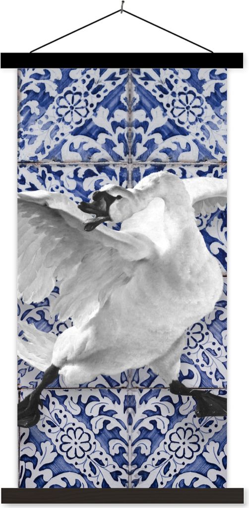 MuchoWow Textilposter Schwan - Kunst - Delfter Blau - Malerei - Alte Meister 90x180 cm mit schwarzem Rahmen - Dekoration Wohnzimmer