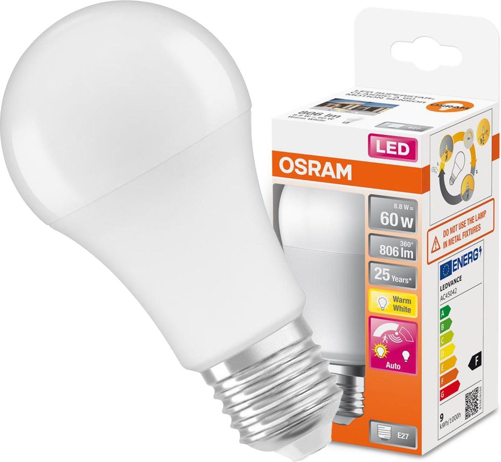OSRAM LED CLASSIC A Sensore di movimento e luce diurna 8,8W Immagine del prodotto 