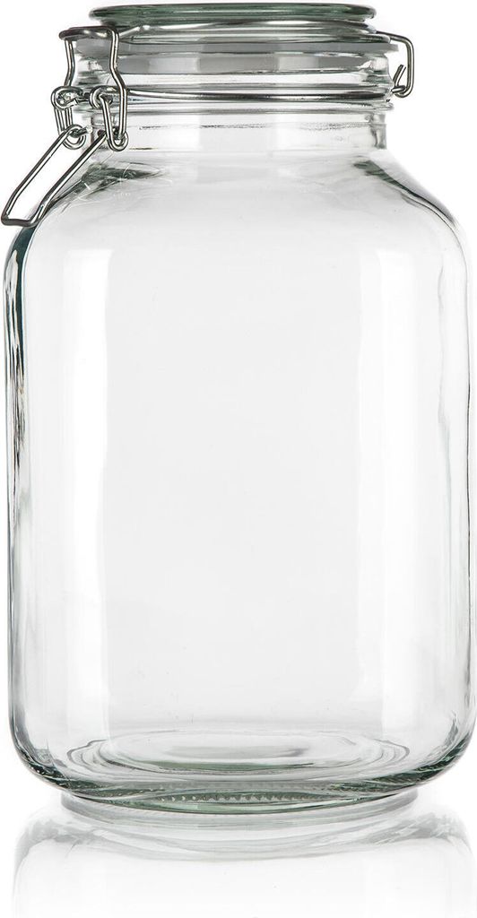 A clear, studio shot of a large, empty glass jar with a clamp lid.