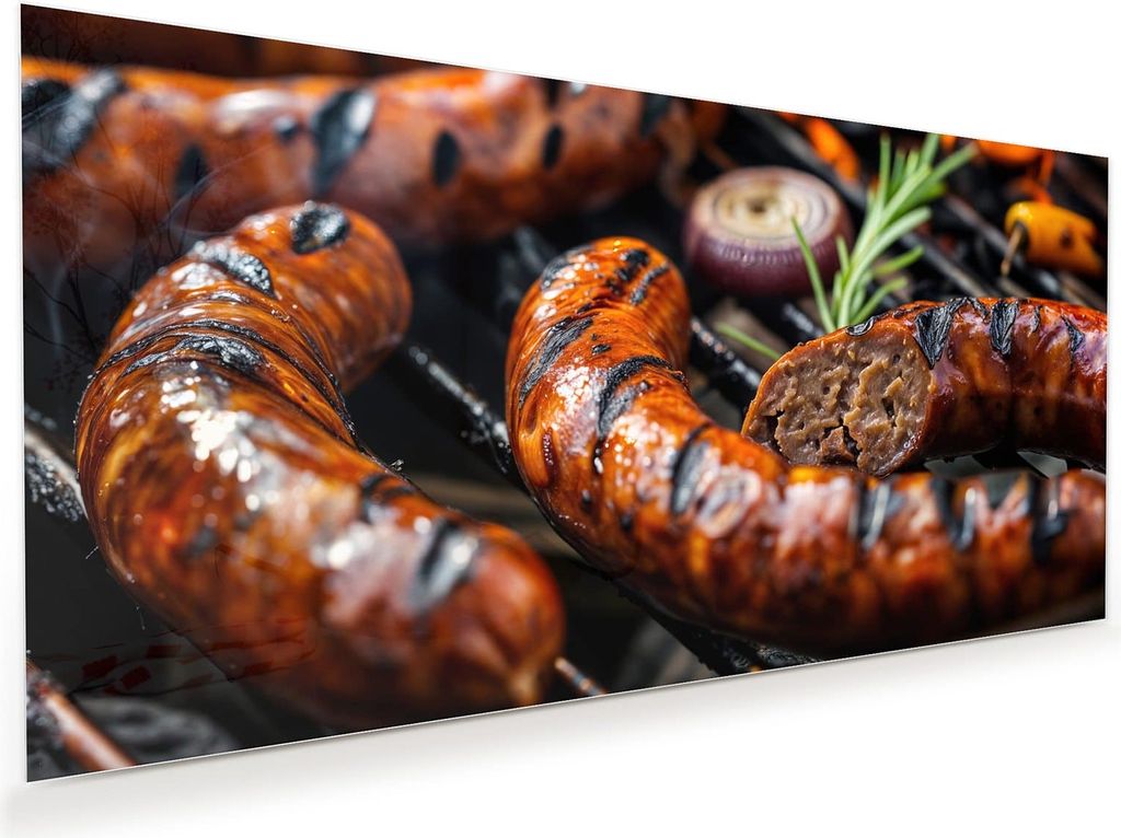 Glasbild 80x40cm in XXL für Wohnzimmer, Schlafzimmer Motiv Grillwurst B B Q