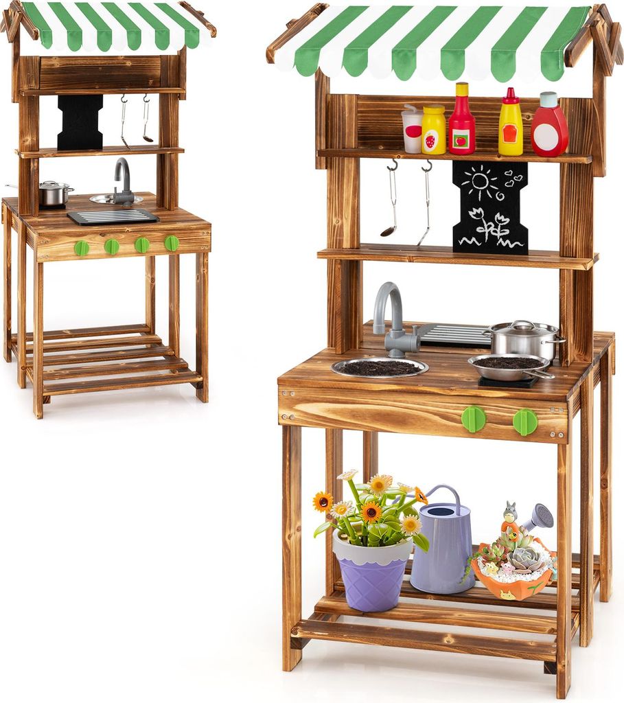 DREAMADE Matschküchen-Spielset aus Massivholz, lustiges Gartenspielzeug mit Schutzdach, Spüle, Grill, Tafel & komplettem Zubehör, ab 3 Jahren