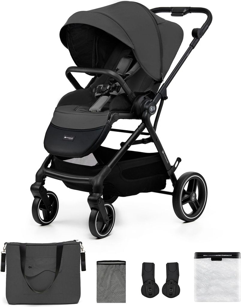 A studio product shot of a stroller and its accessories against a white background.
