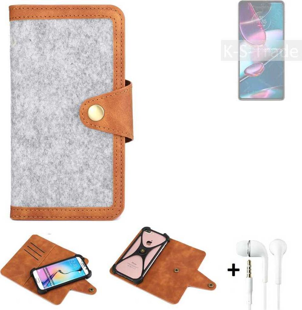K-S-Trade Handyhülle + Kopfhörer kompatibel mit Motorola Edge 30 Pro Schutzhülle Filz Hülle Kunstleder hellgrau braun (1x)