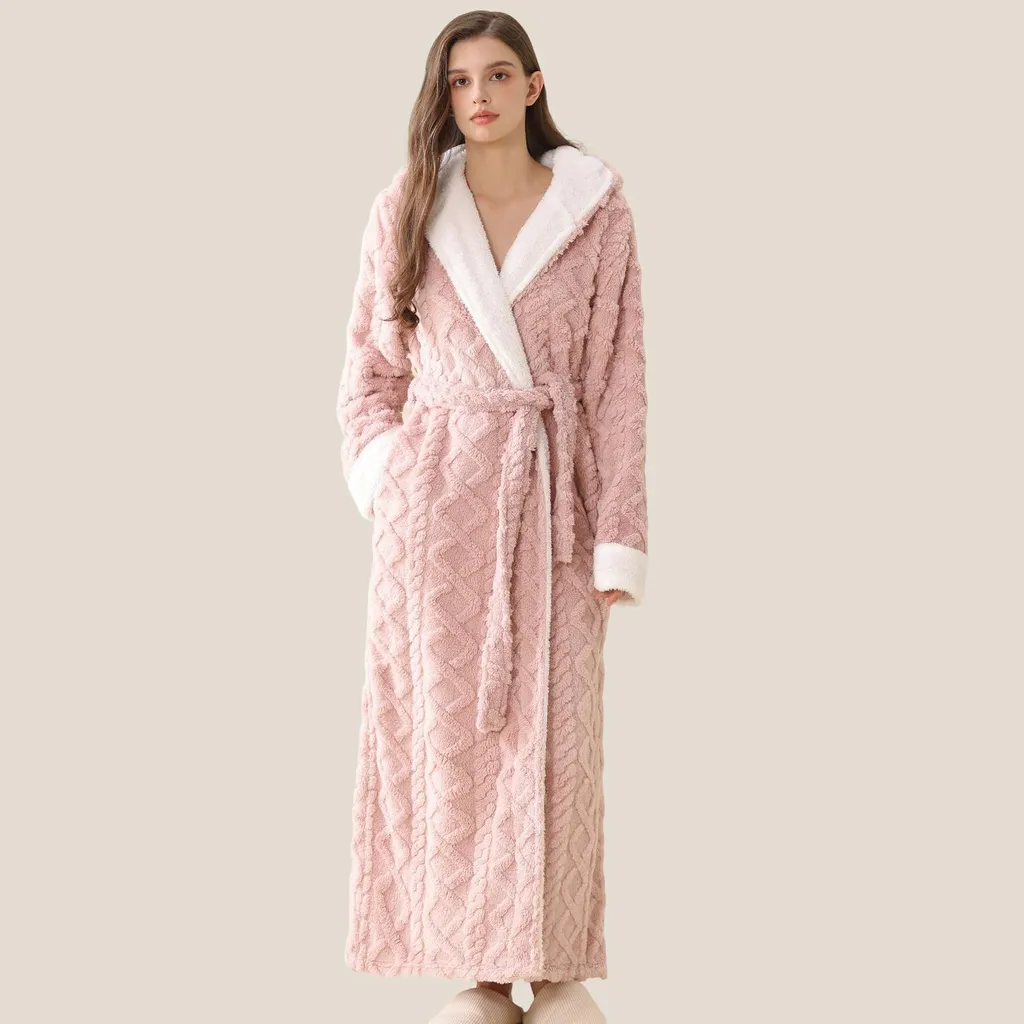 Accappatoio Donna/Uomo Flanella Rosa M - Extra Caldo con Cappuccio