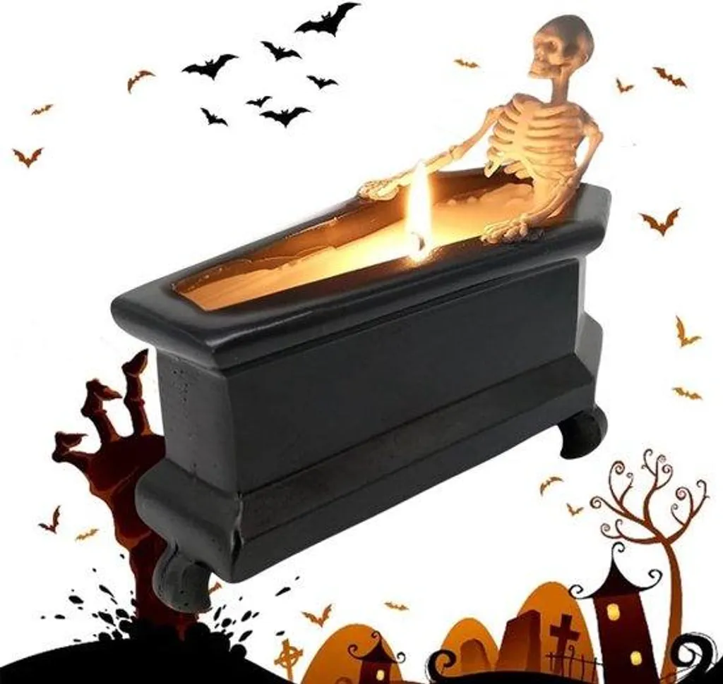 Bougeoir squelette Halloween réaliste en métal noir mat socle stable