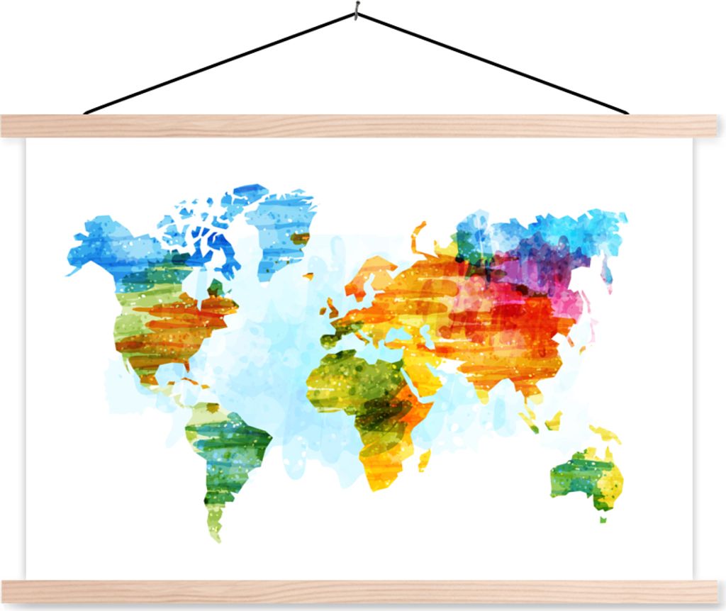 MuchoWow Textilposter Weltkarte - Aquarell - Regenbogen - Kinder - Jungen - Mädchen 120x80 cm mit holzfarbenen Rahmen - Aufhängeset