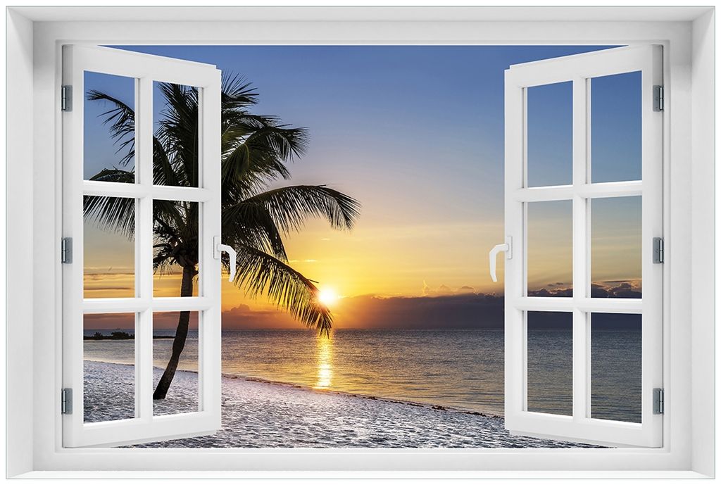 Wallario Premium Glasbild mit Fensterrahmen, freischwebende Optik, kräftige Farben, Größe 60 x 90 cm Motiv Palme am Strand - Sonnenuntergang üb...