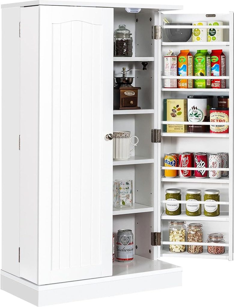 A white pantry cabinet with its doors open, revealing shelves stocked with various food items and kitchenware.