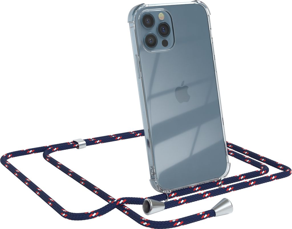 EAZY CASE Handykette kompatibel mit Apple iPhone 12 / 12 Pro, Handyhülle mit Umhängeband, Handykordel, Schutzhülle Clear, Band in Blau