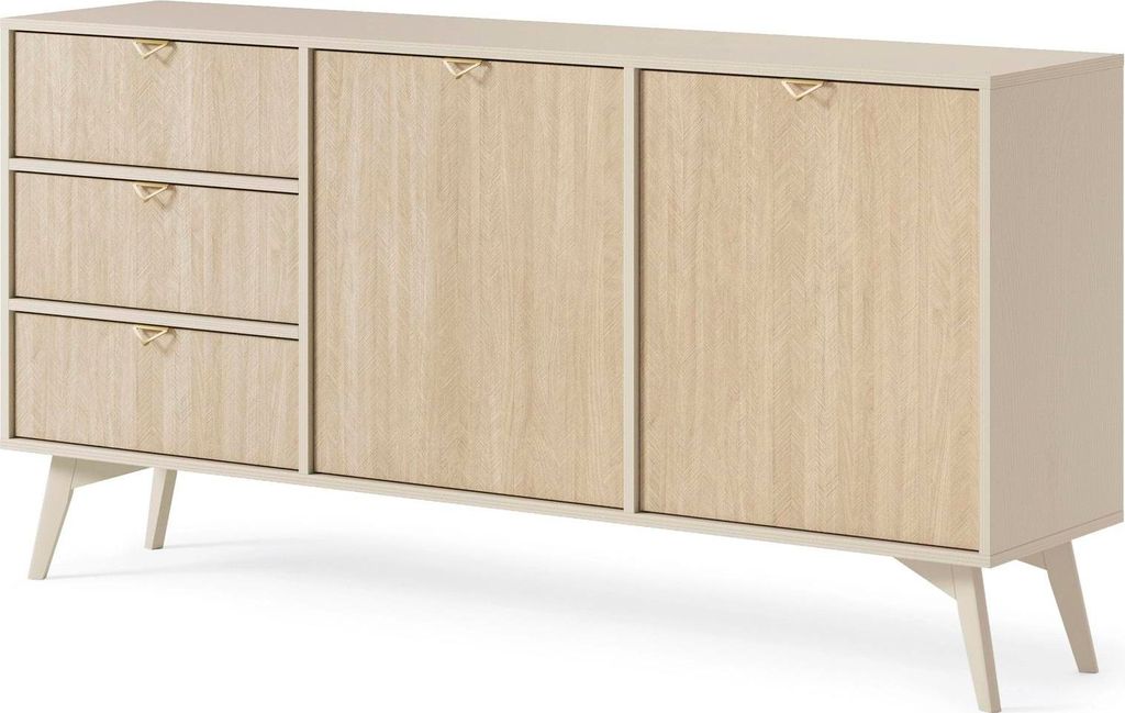Kommode Silva KSZD-158 cm in Sand Beige mit Scandi-Fischgrätenfront und goldenen Griffen – 2 Türen + 3 Schubladen