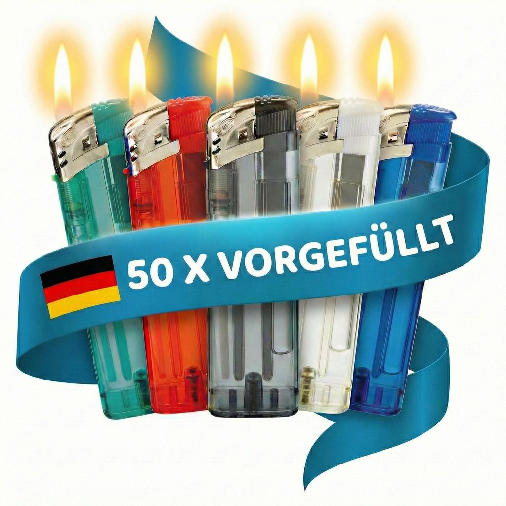 TOM Elektronik Feuerzeuge | Display | 50 Stück | Nachfüllbar | 5 Farben | Soft Flame | Elektronisch