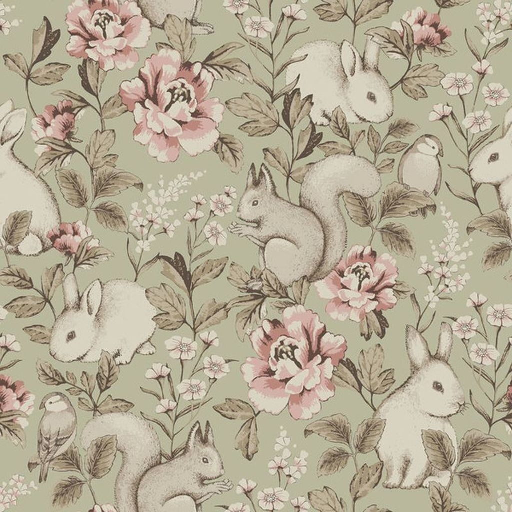 Borastapeter Tapete vintage Waldtiere Grün - 660615 - 53 cm x 10.05 m